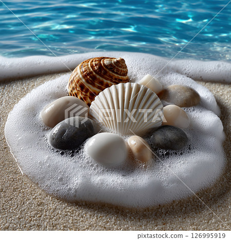 Seashells and pebbles rest gently in the foamy surf on a sandy beach, a serene coastal scene. 126995919