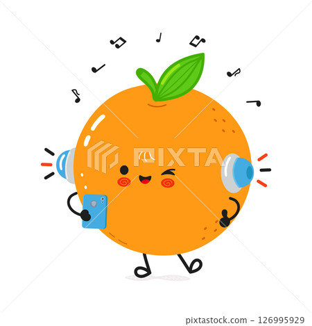 This happy Orange character enjoys music with its headphones, smartphone and dancing legs. 126995929