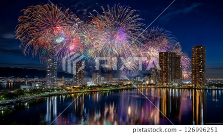 Fireworks and beautiful city night view Fireworks and beautiful city night view 126996251