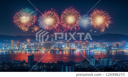 煙火和美麗的夜景。慶祝倒數計時和獨立日的煙火。夏季節慶煙火表演 煙火和美麗的夜景。慶祝倒數計時和獨立日的煙火。夏季節慶煙火表演 126996255