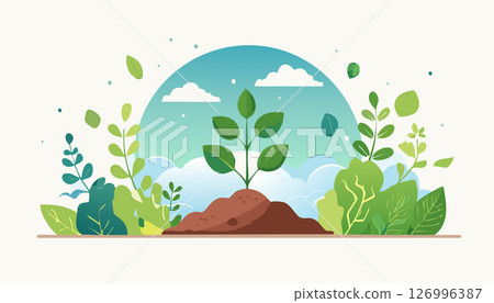 Flat design showing a young plant in fertile soil, surrounded by stylized leaves and bushes, soft blue sky with clouds, white space above. Flat design showing a young plant in fertile soil, surrounded by stylized leaves and bushes, soft blue sky with clouds, white space above. 126996387