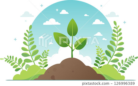 Young plant sprouting from soil under clear sky, surrounded by abstract leaves and soft clouds, minimal flat style with white background and copy space. Young plant sprouting from soil under clear sky, surrounded by abstract leaves and soft clouds, minimal flat style with white background and copy space. 126996389