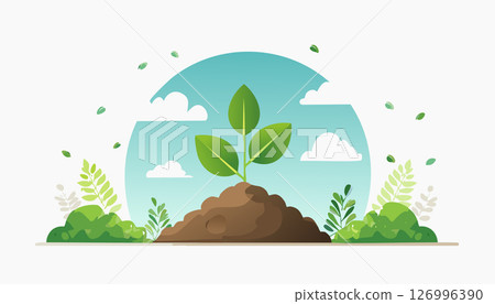 Abstract plant with green leaves growing from brown soil, artistic flat illustration with cloud sky and greenery on white background. 126996390