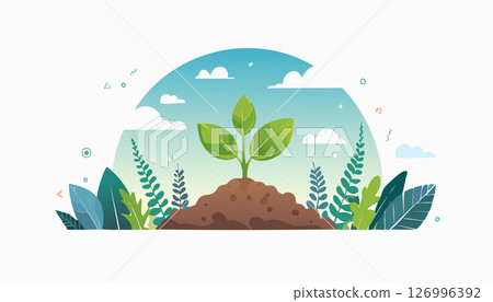 New plant life illustrated in bright flat style, sprouting from soil with leafy surroundings and sky, ideal for sustainability or earth-friendly content. New plant life illustrated in bright flat style, sprouting from soil with leafy surroundings and sky, ideal for sustainability or earth-friendly content. 126996392