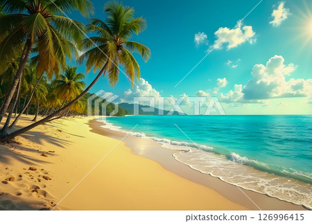 tropical beach with coconut palm tree at sunset time 126996415