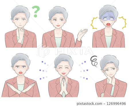 一位身穿鮭魚粉紅西裝的老年婦女的半身照插圖 一位身穿鮭魚粉紅西裝的老年婦女的半身照插圖 126996496