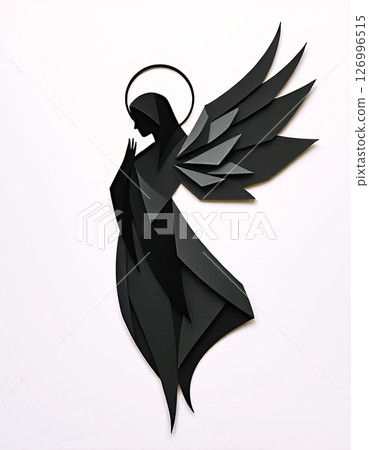 Elegant abstract illustration of a dark angel in minimalist paper-cut style on a white background 126996515