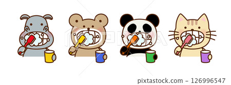 一組可愛的動物塗肥皂和刷牙的插圖 一組可愛的動物塗肥皂和刷牙的插圖 126996547