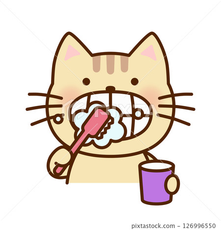 Illustration of a cute cat brushing its teeth 126996550