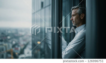 Man standing in office building by window looking at city, thoughtful face Man standing in office building by window looking at city, thoughtful face 126996751