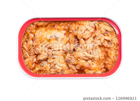Canned mackerel in tomato sauce, in an opened tin can, from above. Cooked mackerel pieces with tomato sauce, sterile sealed in a rectangular tin can. Rich source of protein and omega-3 fatty acids. Canned mackerel in tomato sauce, in an opened tin can, from above. Cooked mackerel pieces with tomato sauce, sterile sealed in a rectangular tin can. Rich source of protein and omega-3 fatty acids. 126996821
