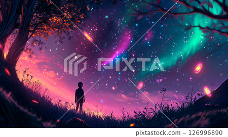 The boy looks at the starry vibrant landscape The boy looks at the starry vibrant landscape 126996890