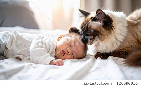 A cat gently watches over a sleeping baby 126996916