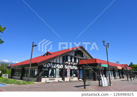 Azusa River Service Area in Nagano Prefecture overlooking the Northern Alps 126996925