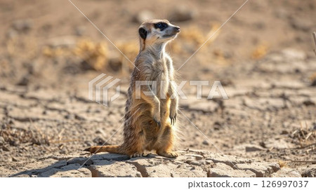 A meerkat stands upright on the cracked earth, surveying its surroundings. The animal has a slender body, short legs and a pointed muzzle. The concept of drought and global warming 126997037