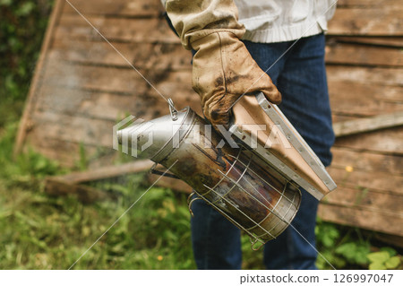 Beekeeper smoking bees with bee smoker at the apiary 126997047