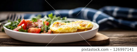 A beautifully arranged breakfast board showcases yogurt with berries, savory eggs topped with bacon, and fresh tomatoes, all set beside steaming cups on a wooden table in the morning, banner 126997141