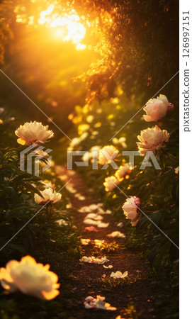 A serene path winds through a lush garden filled with soft pink peonies as warm sunlight filters through the trees, creating a peaceful atmosphere during golden hour 126997151