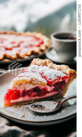 A slice of berry pie with a glossy filling rests on a plate with a fork next to it. A glass of chilled beverage is softly blurred in the background 126997158