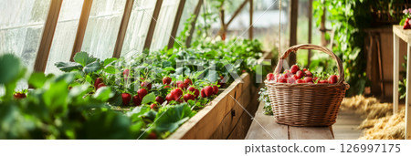 Vibrant strawberry plants thrive in a greenhouse, basking in warm sunlight while ripe strawberries await harvest on a lovely summer afternoon, banner Vibrant strawberry plants thrive in a greenhouse, basking in warm sunlight while ripe strawberries await harvest on a lovely summer afternoon, banner 126997175