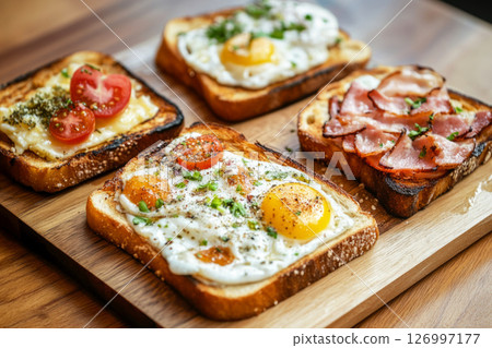 Toasted bread slices showcase perfectly cooked fried eggs and a variety of meats, arranged appealingly on a wooden board in a cozy breakfast setting Toasted bread slices showcase perfectly cooked fried eggs and a variety of meats, arranged appealingly on a wooden board in a cozy breakfast setting 126997177