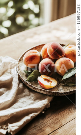 A group of ripe peaches sits attractively on a rustic plate, accompanied by fresh green leaves, placed on a wooden table bathed in natural light 126997188