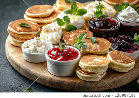 A beautifully arranged breakfast board showcases fluffy mini pancakes topped with assorted berry jams and whipped cream, perfect for a morning treat. Ideal for sharing with friends A beautifully arranged breakfast board showcases fluffy mini pancakes topped with assorted berry jams and whipped cream, perfect for a morning treat. Ideal for sharing with friends 126997192