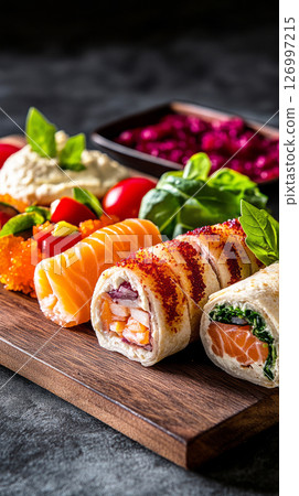 A beautifully arranged breakfast board showcases vibrant sushi rolls topped with fresh fish and herbs, set against a dark wooden table with side ingredients for dipping 126997215