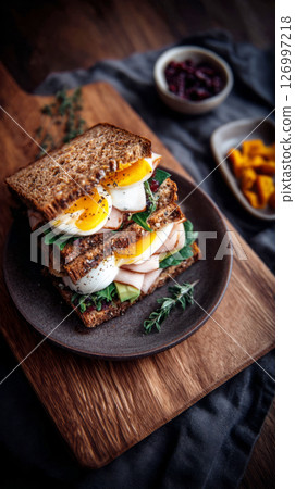 Savor a delicious breakfast featuring a mega sandwich stacked with eggs, spinach, and turkey, complemented by a cup of gourmet coffee and crispy sides on a rustic wooden table 126997218