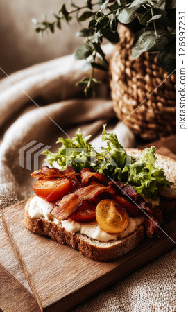 A mouthwatering sandwich piled high with crispy bacon, sweet cherry tomatoes, and fresh lettuce rests on a wooden board. The inviting breakfast setting has warm, natural tones A mouthwatering sandwich piled high with crispy bacon, sweet cherry tomatoes, and fresh lettuce rests on a wooden board. The inviting breakfast setting has warm, natural tones 126997231