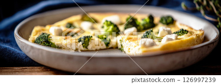 A rustic frittata cut into perfect triangles, made with fresh broccoli, creamy goat cheese, and a delicate Parmesan layer. Natural lighting enhances its textures, creating a cozy feel, banner 126997239