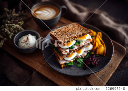 An elaborate breakfast sandwich stacked high with layers of turkey, fresh spinach, and perfectly cooked eggs sits on a wooden board An elaborate breakfast sandwich stacked high with layers of turkey, fresh spinach, and perfectly cooked eggs sits on a wooden board 126997248