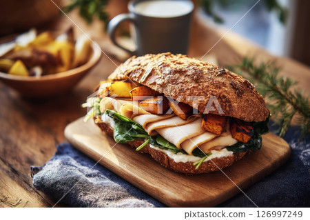 Delicious mega sandwich filled with layers of crisp vegetables, savory proteins, and creamy sauce, paired with roasted potatoes on a rustic wooden table, perfect for breakfast 126997249