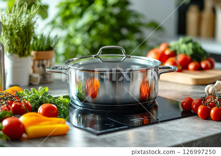 A stainless steel pot sits on an induction cooktop, surrounded by vibrant vegetables like tomatoes, peppers, and herbs in a bright, inviting kitchen 126997250
