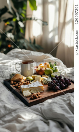 Enjoying a delightful breakfast board with fruits, cheese, nuts, and tea in a cozy bed setting during a sunny morning Enjoying a delightful breakfast board with fruits, cheese, nuts, and tea in a cozy bed setting during a sunny morning 126997291