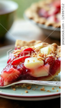 A slice of strawberry tart features a creamy filling, topped with fresh strawberries and almond flakes, set on a rustic plate. Natural light enhances the inviting atmosphere 126997312