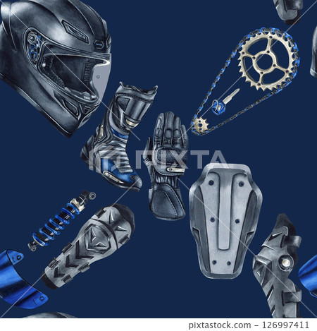 Moto gear, equipment, accessories seamless pattern. Motorcyclist helmet, protective glove, boot, kneepad. Chain, shock absorber, blue visor. Watercolor illustration isolated on dark blue background 126997411