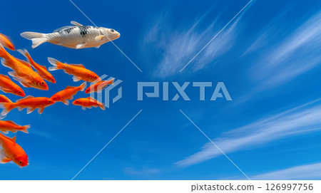 Golden fish in the sky against the blue sky, fantastic picture with koi fish soaring in the sky, surreal fish create a surreal atmosphere and magic of a fairytale day and nature, copy space 126997756
