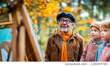 Teacher with students outdoors, children get first experience of painting in autumn park, concept creativity supports children development, educational content concept and back to school idea 126997769