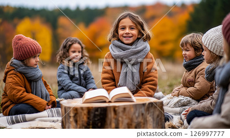 Outdoor educational activity in autumn, girl surrounded by classmates reading a book, environment promotes child development and teamwork, educational content back to school 126997777