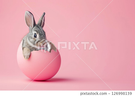 Little rabbit in cracked egg. Playful banner poster for Easter advertising Little rabbit in cracked egg. Playful banner poster for Easter advertising 126998139