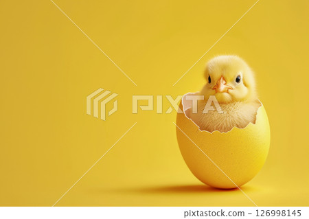 Little chick peering out from cracked egg on yellow backdrop. Easter and new life concept Little chick peering out from cracked egg on yellow backdrop. Easter and new life concept 126998145