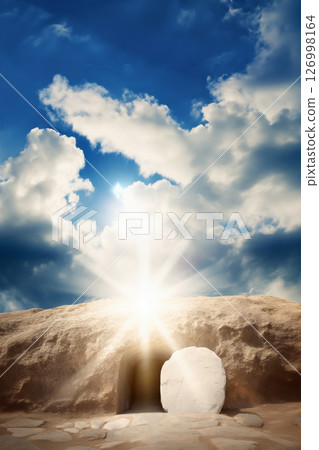 The stone rolled away from the entrance of empty tomb with sunlight bursting through, symbolizing Easter and the resurrection of Jesus Christ The stone rolled away from the entrance of empty tomb with sunlight bursting through, symbolizing Easter and the resurrection of Jesus Christ 126998164