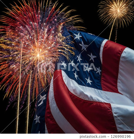 US flag on background of fireworks in yellow orange and red lights. Independence day celebration concept, 4th of july america, sunrise and fireworks. 126998196