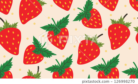 Seamless pattern with bright red strawberries and tiny dots on a soft background. Seamless pattern with bright red strawberries and tiny dots on a soft background. 126998270