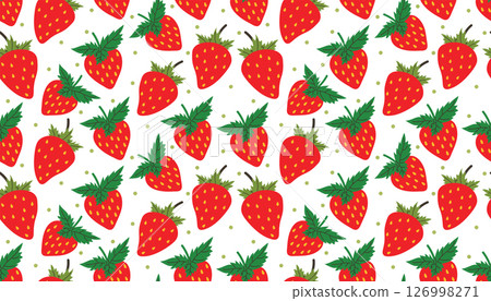 Juicy cartoon strawberries with cute little dots repeat in this seamless design. Juicy cartoon strawberries with cute little dots repeat in this seamless design. 126998271