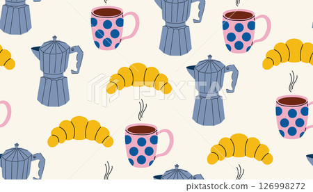 Seamless pattern with moka pots, croissants, and steaming coffee mugs in flat cartoon style. 126998272