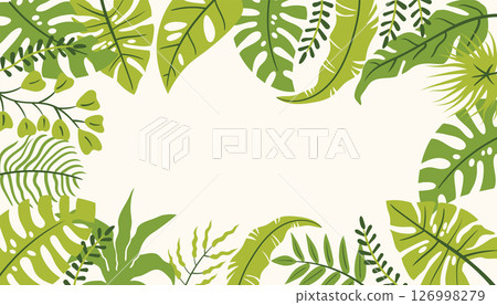 Decorative leaf frame or poster with palm and monstera in bright cartoon flat style. Decorative leaf frame or poster with palm and monstera in bright cartoon flat style. 126998279