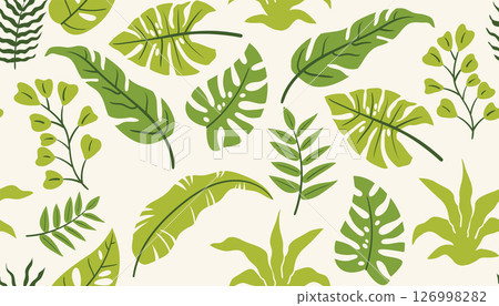 Colorful tropical leaf pattern featuring palm and monstera in a playful flat cartoon look. 126998282
