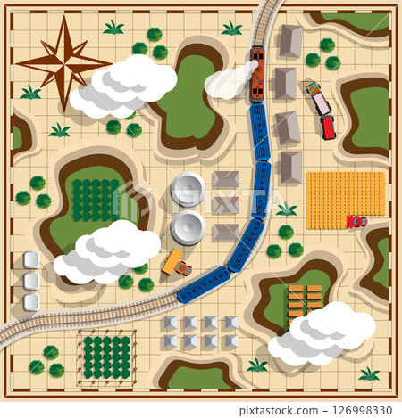 Railroad with train. Landscape. View from above. Vector illustration. 126998330